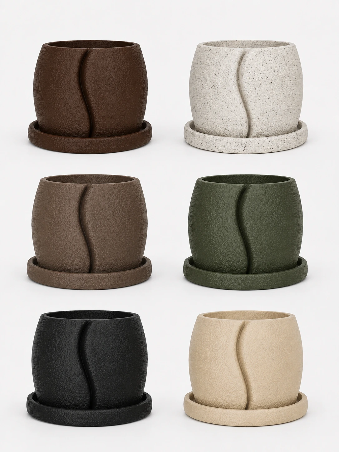 Variantes de color del macetero Cofesia inspiradas en tonos tierra, caf&eacute; y neutros